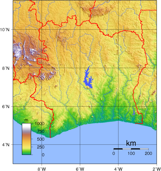 Landkarte Topographie Relief Elfenbeinküste